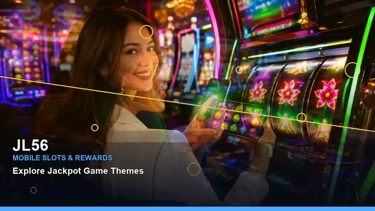 JL56 lucky reels online slot games featuring an adult Filipina casino host with a layered collage composition