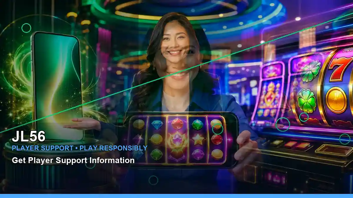 JL56 first casino deposit and wallet options featuring an adult Filipina casino host with a right close-up composition
